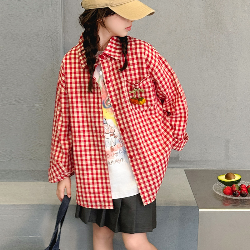 Cămașă-jachetă pentru fetițe în carouri, stil coreean, guler polo, bumbac cu tratare moale, sezon iarnă primăvară, pentru copii peste 8 ani