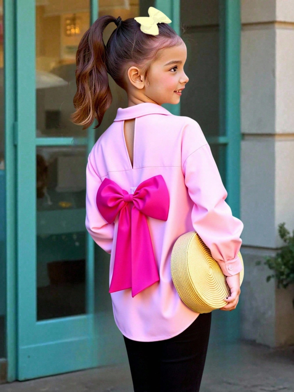 Cămașă pentru fete cu funda mare decorativă și decupaj la spate, guler turn-down, croială lejeră pe umeri, mâneci lungi, poliester