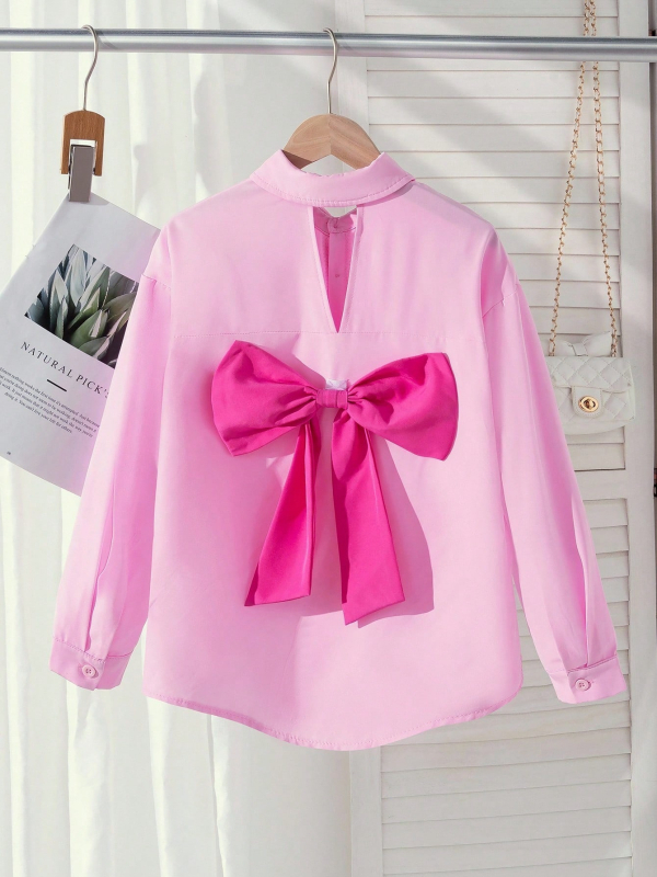 Cămașă pentru fete cu funda mare decorativă și decupaj la spate, guler turn-down, croială lejeră pe umeri, mâneci lungi, poliester