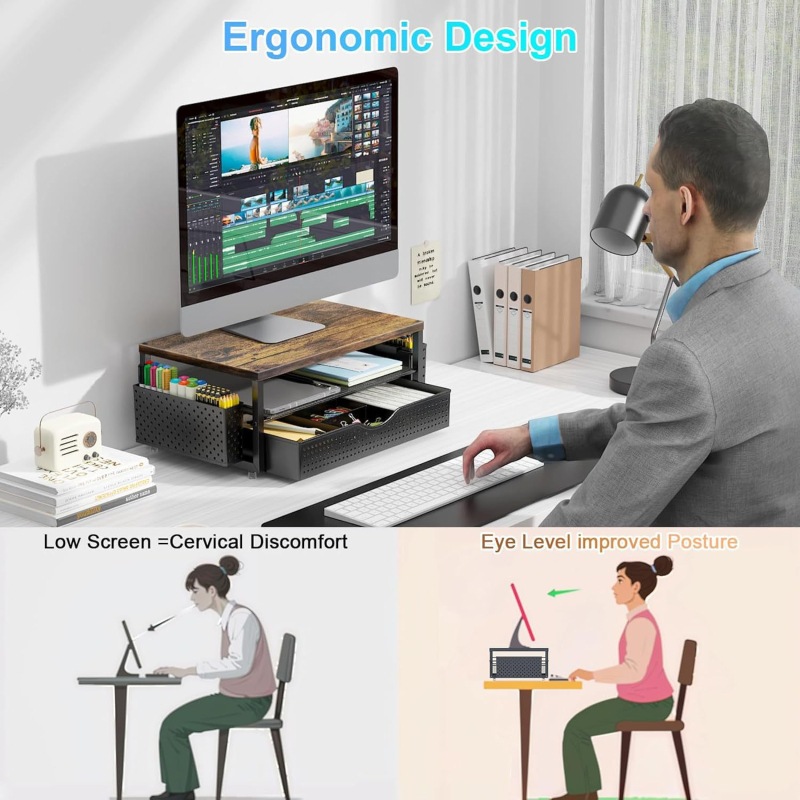 Raft organizator de birou din lemn, două etaje, depozitare pentru birou, necesită asamblare