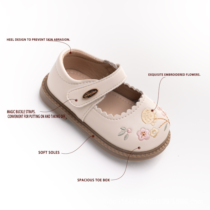 Παπούτσια κοριτσιών από δέρμα με κέντημα εθνικού στυλ, μαργαριταρένια μαλακή σόλα, άνω μέρος από Ultra-Fiber δέρμα, PVC σόλα, για 1–6 ετών, άνοιξη 2025