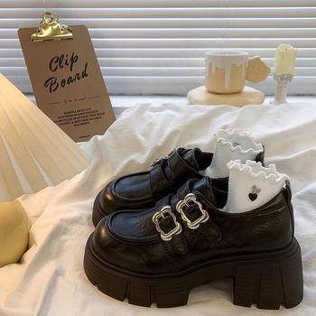 Loaferi Mary Jane pentru femei, talpă groasă, toc de 3-5 cm, vârf rotund, piele PU, închidere cu cataramă