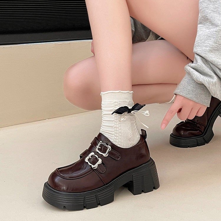 Loaferi Mary Jane pentru femei, talpă groasă, toc de 3-5 cm, vârf rotund, piele PU, închidere cu cataramă