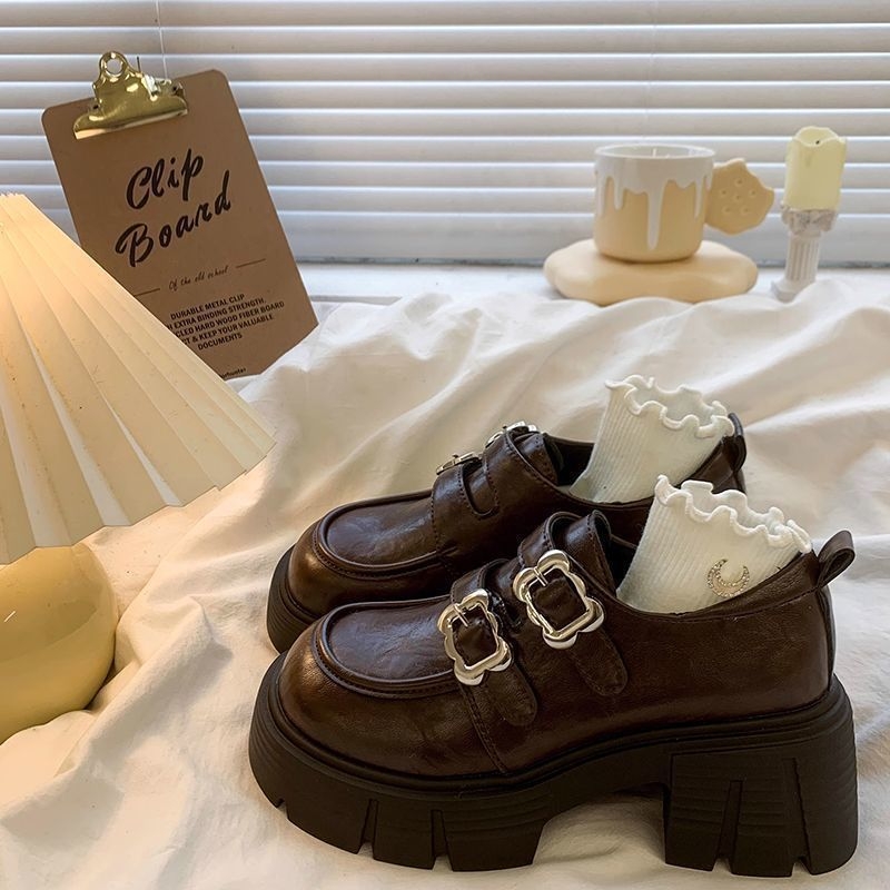 Loaferi Mary Jane pentru femei, talpă groasă, toc de 3-5 cm, vârf rotund, piele PU, închidere cu cataramă