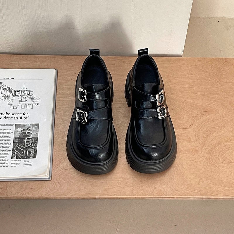 Loaferi Mary Jane pentru femei, talpă groasă, toc de 3-5 cm, vârf rotund, piele PU, închidere cu cataramă