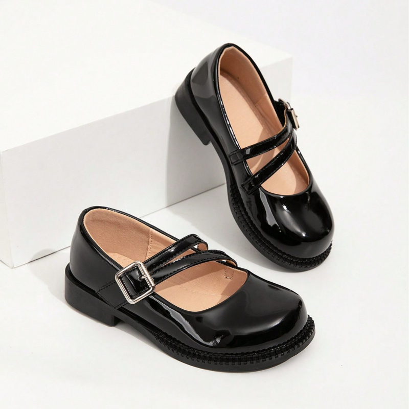 Mary Jane odiniai bateliai mergaitėms — PU viršus, dvigubomis dirželiais užsegamas, TPR padas, žemas profilis, amžius 7–16 metų