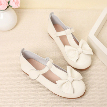 Pantofi pentru fete, stil academie cu fundă, din microfibră, închidere Velcro, talpă din cauciuc, căptușeală din piele