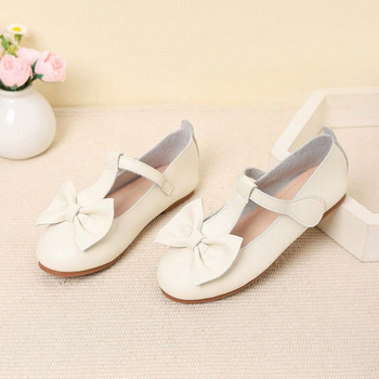 Pantofi pentru fete, stil academie cu fundă, din microfibră, închidere Velcro, talpă din cauciuc, căptușeală din piele