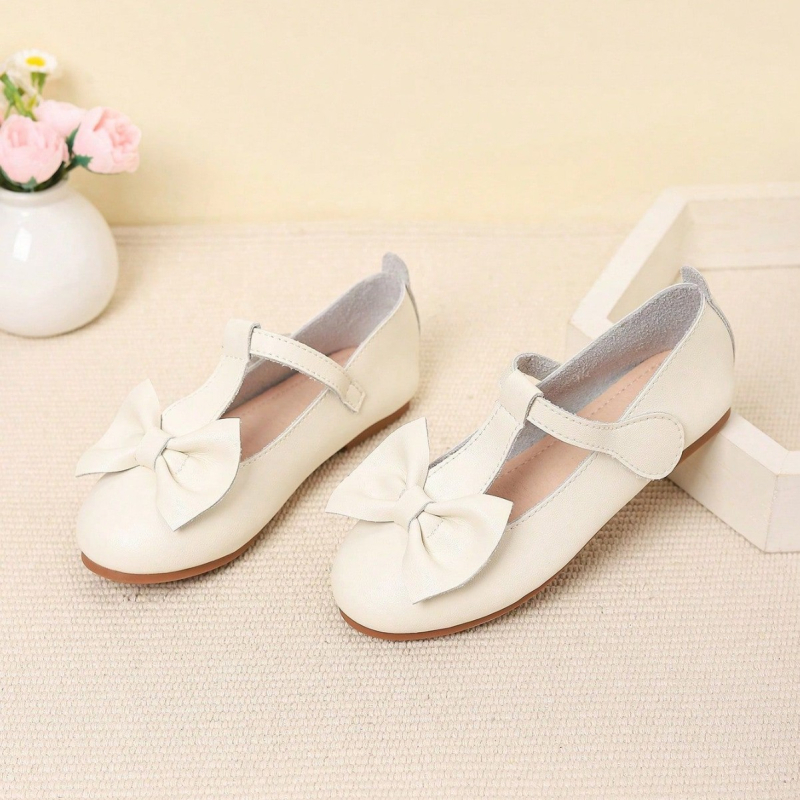 Pantofi pentru fete, stil academie cu fundă, din microfibră, închidere Velcro, talpă din cauciuc, căptușeală din piele