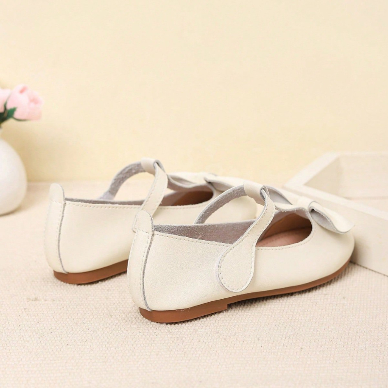 Pantofi pentru fete, stil academie cu fundă, din microfibră, închidere Velcro, talpă din cauciuc, căptușeală din piele