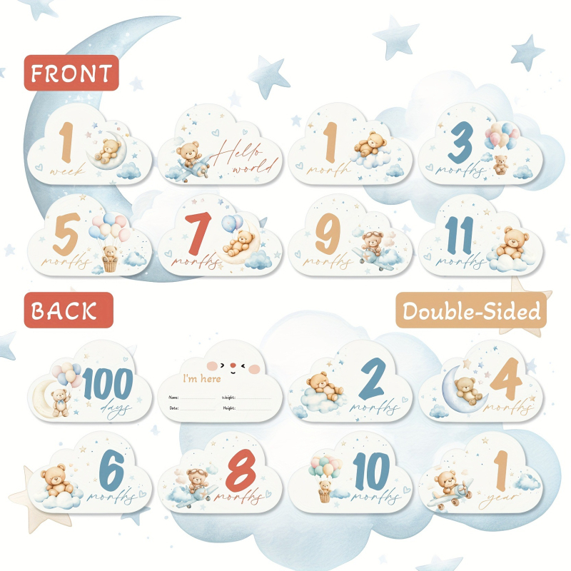 Plăcuță din lemn pentru etapele bebelușului, motiv nor – Înregistrare naștere și indicator lunar, ornament modern minimalist, cod produs by11D63-1set8pcs