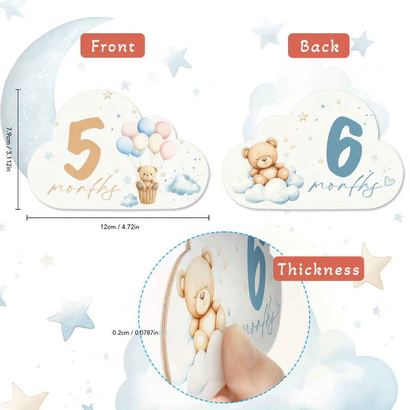 Plăcuță din lemn pentru etapele bebelușului, motiv nor – Înregistrare naștere și indicator lunar, ornament modern minimalist, cod produs by11D63-1set8pcs
