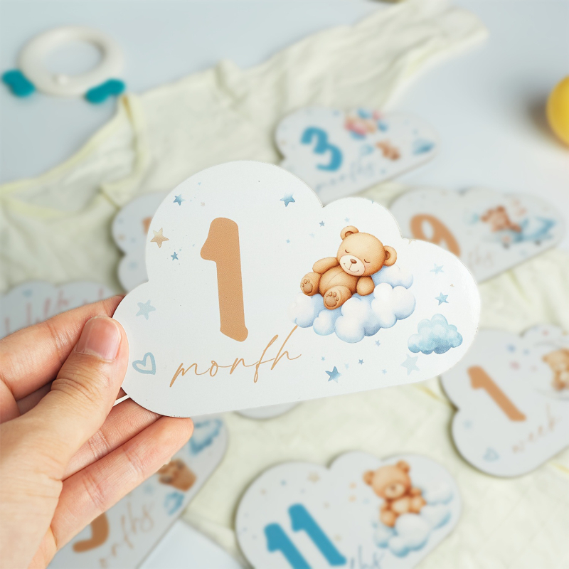 Plăcuță din lemn pentru etapele bebelușului, motiv nor – Înregistrare naștere și indicator lunar, ornament modern minimalist, cod produs by11D63-1set8pcs