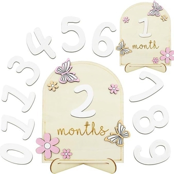 Ξύλινο διακοσμητικό αντικείμενο φωτογράφισης νεογέννητου: πλάκα μήνα γέννησης με μικρή μαργαρίτα, αναμνηστική πλάκα και κάρτα ορόσημων μωρού (Υλικό: ξύλο; Κατηγορία: διακοσμητικά; Χρήση: οικιακή χρήση; Ευκαιρίες δώρων: γενέθλια, αποφοίτηση, εγκαινιασμός σπ