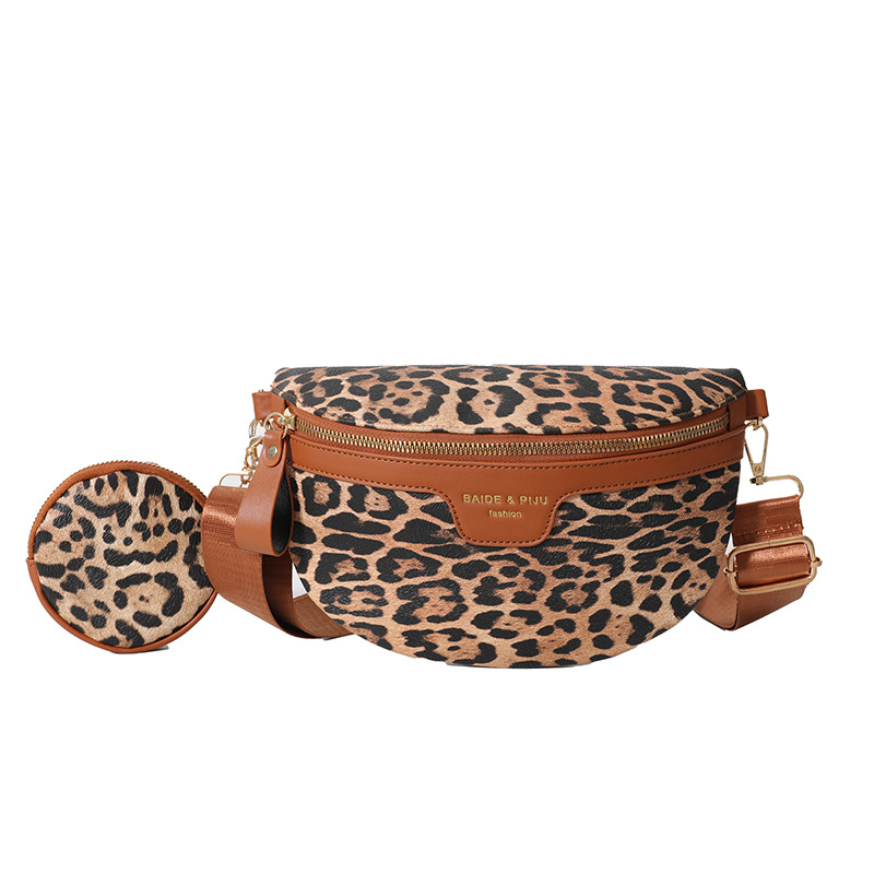 PU crossbody krepšys su leopardo raštu, Saddle Bag stilius, dumpling formos, užtrauktuko užsegimas, vidinė kišenė su užtrauktuku