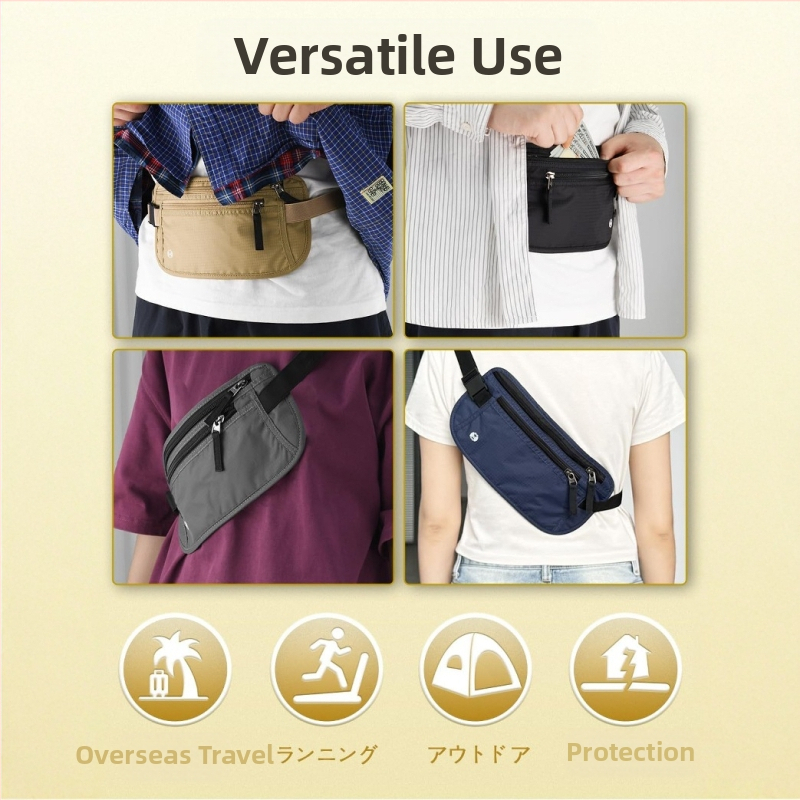 Zidelon Нейлон RFID-блокираща паспортна поясна чанта за пътуване на открито – унисекс анти-крадба документ органайзер с полиестерна подплата