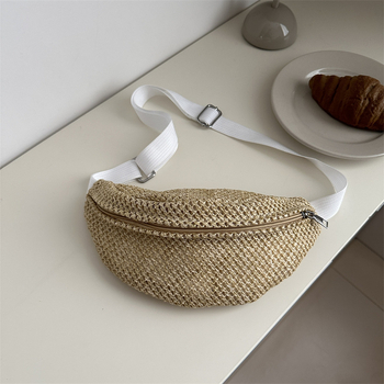 Ψάθινη crossbody τσάντα με φερμουάρ, επένδυση από ψάθα, θήκη για ID, Καλοκαίρι 2024