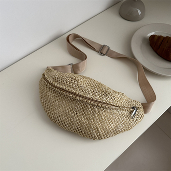 Ψάθινη crossbody τσάντα με φερμουάρ, επένδυση από ψάθα, θήκη για ID, Καλοκαίρι 2024