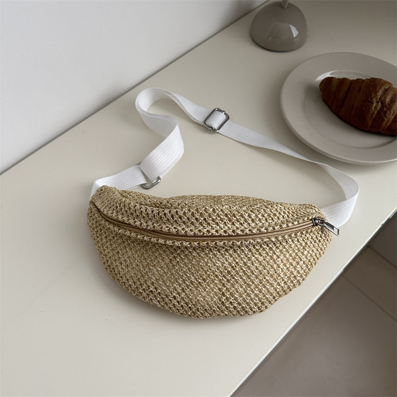 Geantă crossbody din paie, închidere cu fermoar, căptușeală din paie, buzunar pentru ID, Vară 2024
