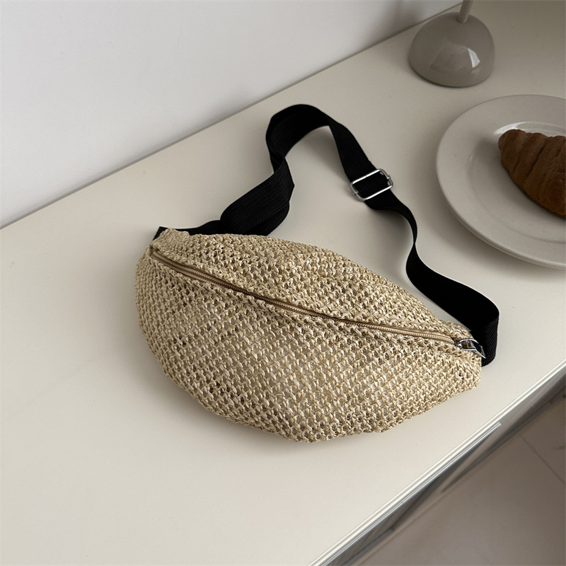 Geantă crossbody din paie, închidere cu fermoar, căptușeală din paie, buzunar pentru ID, Vară 2024