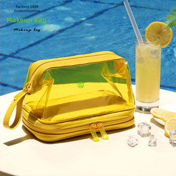 Geantă de machiaj din PVC cu interior laminat și închidere cu fermoar, țesătură poliesterică, formă orizontală pătrată, stil mini pătrat