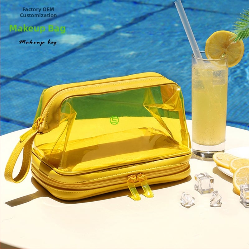 Geantă de machiaj din PVC cu interior laminat și închidere cu fermoar, țesătură poliesterică, formă orizontală pătrată, stil mini pătrat