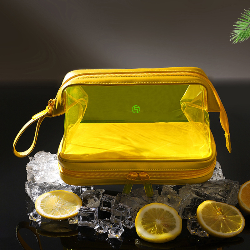 Geantă de machiaj din PVC cu interior laminat și închidere cu fermoar, țesătură poliesterică, formă orizontală pătrată, stil mini pătrat