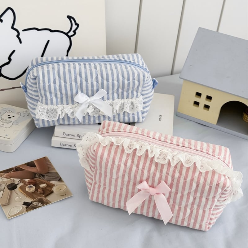 Nėrinių kosmetinė su dryžių raštu — lengva kasdieniam naudojimui; medžiaga: medvilnė; pamušalas: poliesteris