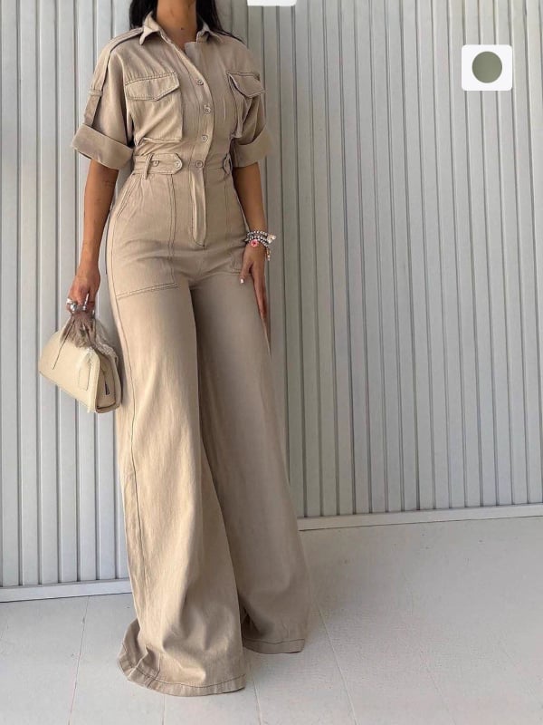 Salopetă pentru femei din poliester, talie înaltă, mâneci 3/4, pantaloni lungi, cu buzunare — stil elegant casual