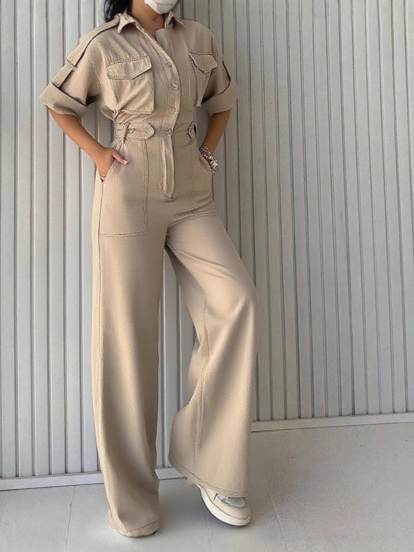 Salopetă pentru femei din poliester, talie înaltă, mâneci 3/4, pantaloni lungi, cu buzunare — stil elegant casual