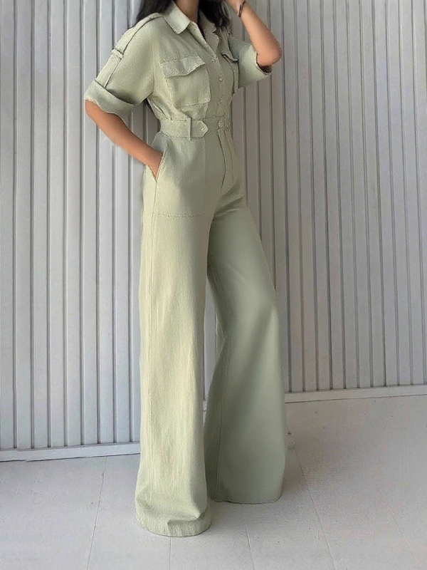 Salopetă pentru femei din poliester, talie înaltă, mâneci 3/4, pantaloni lungi, cu buzunare — stil elegant casual