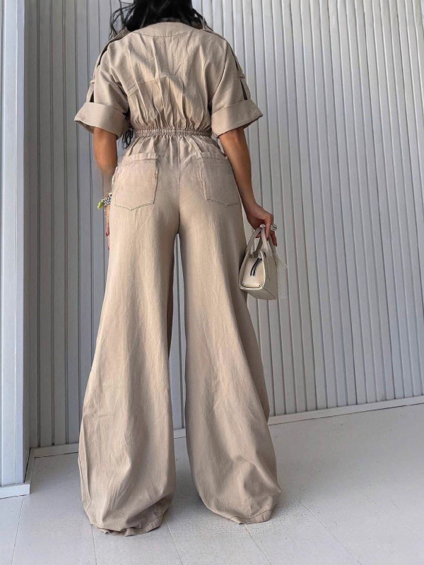 Salopetă pentru femei din poliester, talie înaltă, mâneci 3/4, pantaloni lungi, cu buzunare — stil elegant casual