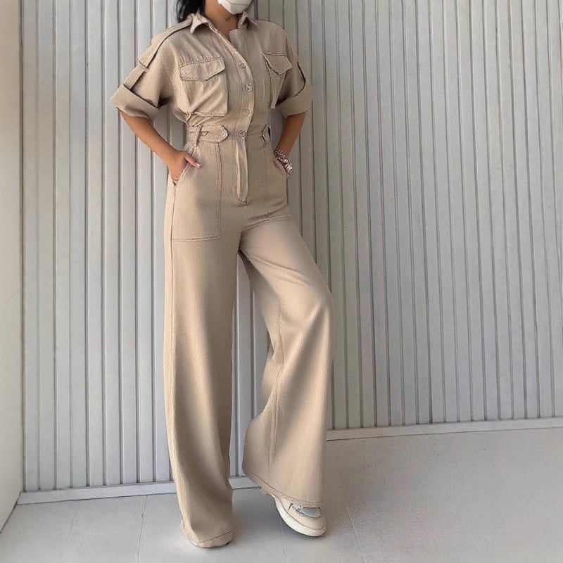 Salopetă pentru femei din poliester, talie înaltă, mâneci 3/4, pantaloni lungi, cu buzunare — stil elegant casual