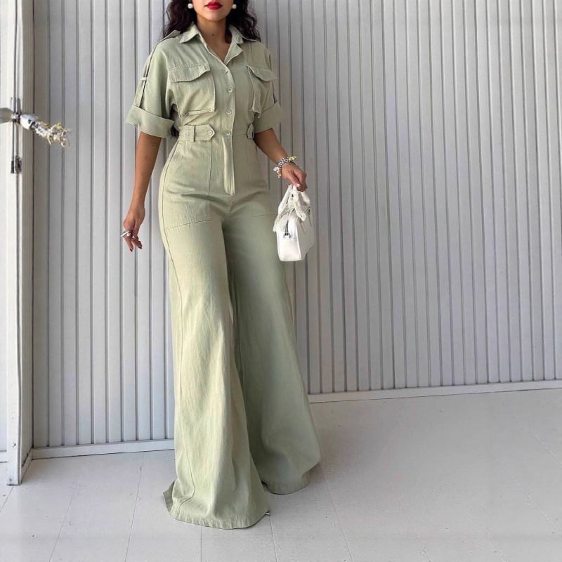 Salopetă pentru femei din poliester, talie înaltă, mâneci 3/4, pantaloni lungi, cu buzunare — stil elegant casual