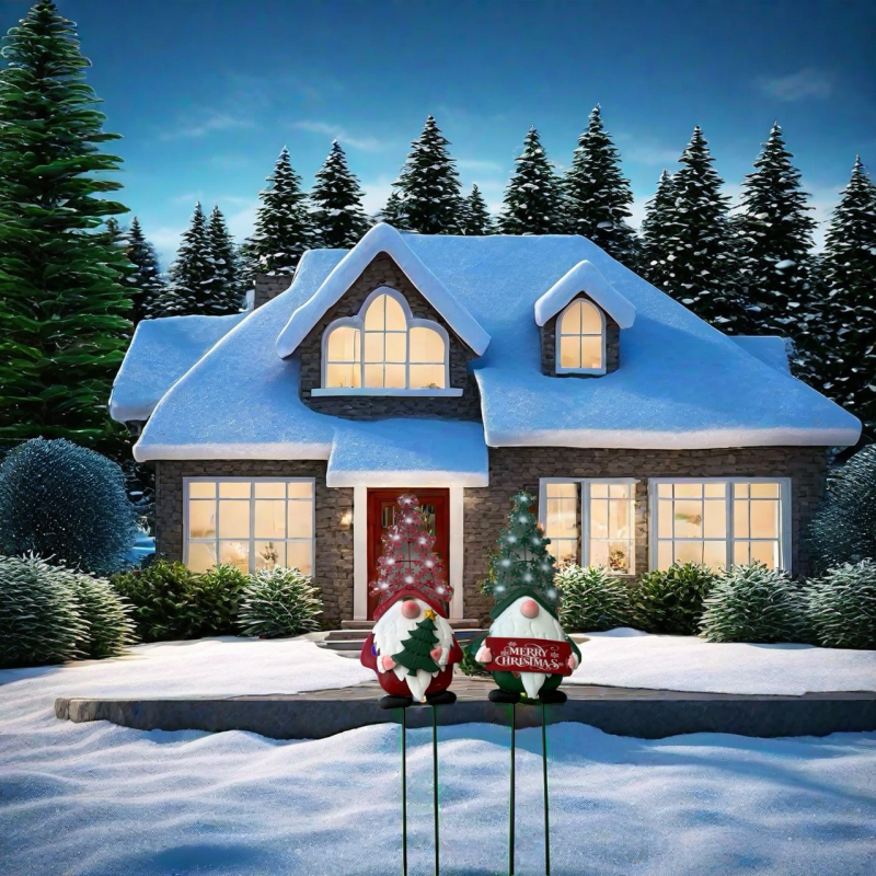 Set de 2 ornamente metalice pentru exterior, grădină – gnomi de Crăciun, stil desen animat, brand Zefeng