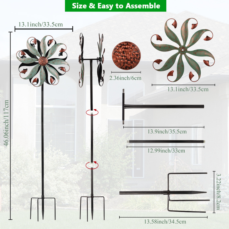 Ārējais dekoratīvais vējdzirnavs no dzelzs, ar daļēji automātisku un daļēji manuālu mehānismu