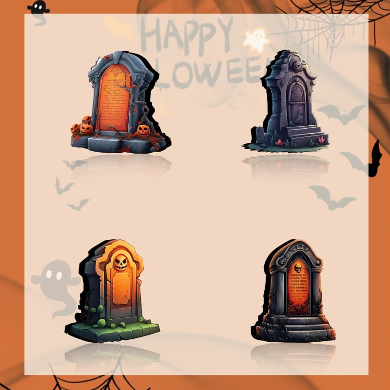 4 τεμάχια διακοσμήσεις Halloween – επιτραπέζια διακοσμητικά σε μορφή ταφόπλακας με στρωτό δίσκο, από ξύλο, στυλ καρτούν, μάρκα heye, κωδικός 01