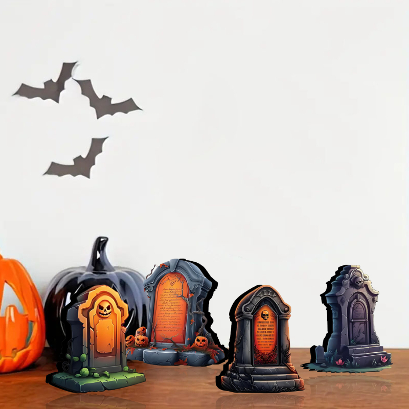 4 τεμάχια διακοσμήσεις Halloween – επιτραπέζια διακοσμητικά σε μορφή ταφόπλακας με στρωτό δίσκο, από ξύλο, στυλ καρτούν, μάρκα heye, κωδικός 01