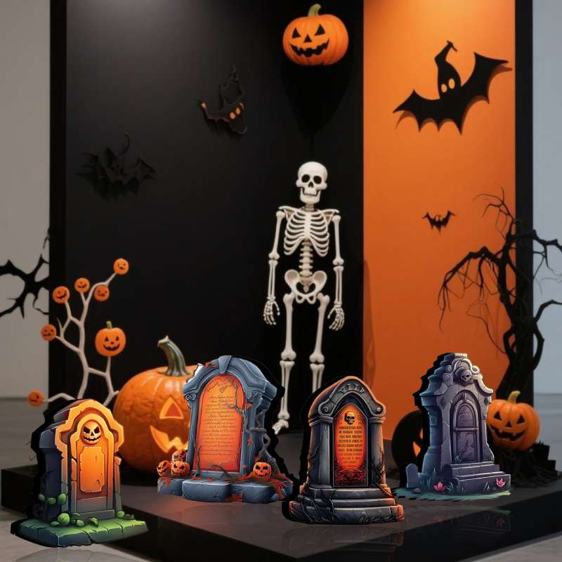 4 τεμάχια διακοσμήσεις Halloween – επιτραπέζια διακοσμητικά σε μορφή ταφόπλακας με στρωτό δίσκο, από ξύλο, στυλ καρτούν, μάρκα heye, κωδικός 01