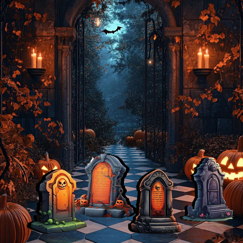 4 τεμάχια διακοσμήσεις Halloween – επιτραπέζια διακοσμητικά σε μορφή ταφόπλακας με στρωτό δίσκο, από ξύλο, στυλ καρτούν, μάρκα heye, κωδικός 01