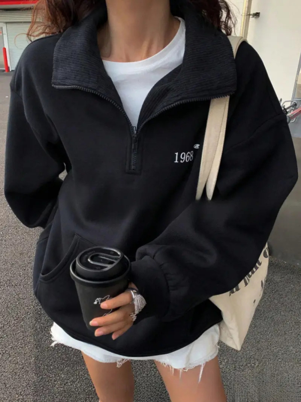 Hanorac cu glugă, lungime medie, mâneci lungi, guler semi-înalt, poliester, streetwear european american