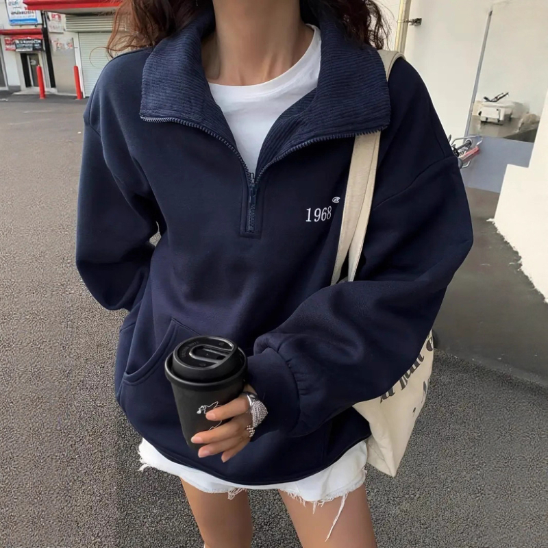 Hanorac cu glugă, lungime medie, mâneci lungi, guler semi-înalt, poliester, streetwear european american