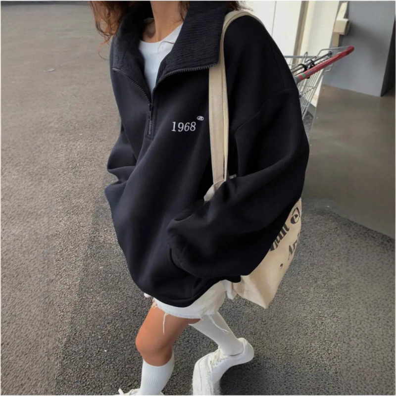 Hanorac cu glugă, lungime medie, mâneci lungi, guler semi-înalt, poliester, streetwear european american