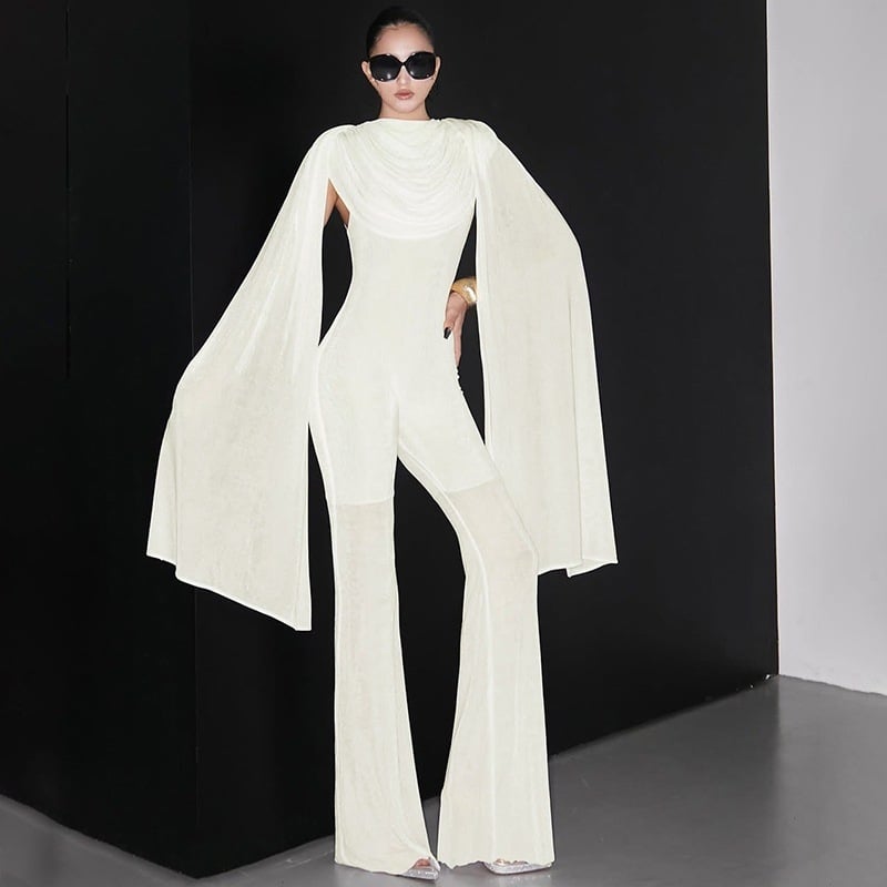 Salopetă fără mâneci, talie medie, pantaloni lungi ușor evazați, poliester-spandex, stil stradal.