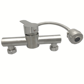 Seinai montuojamas nerūdijančio plieno virtuvinis maišytuvas su dviem rankenėlėmis, pasukamu snapu, keraminiu disko vožtuvu