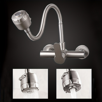 Seinai montuojamas nerūdijančio plieno virtuvinis maišytuvas su dviem rankenėlėmis, pasukamu snapu, keraminiu disko vožtuvu