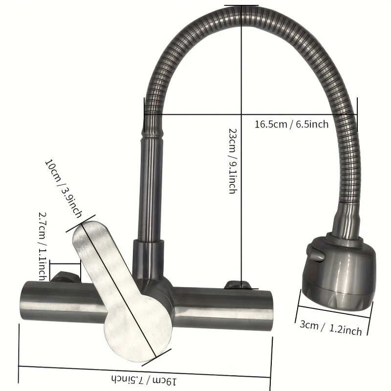 Seinai montuojamas nerūdijančio plieno virtuvinis maišytuvas su dviem rankenėlėmis, pasukamu snapu, keraminiu disko vožtuvu