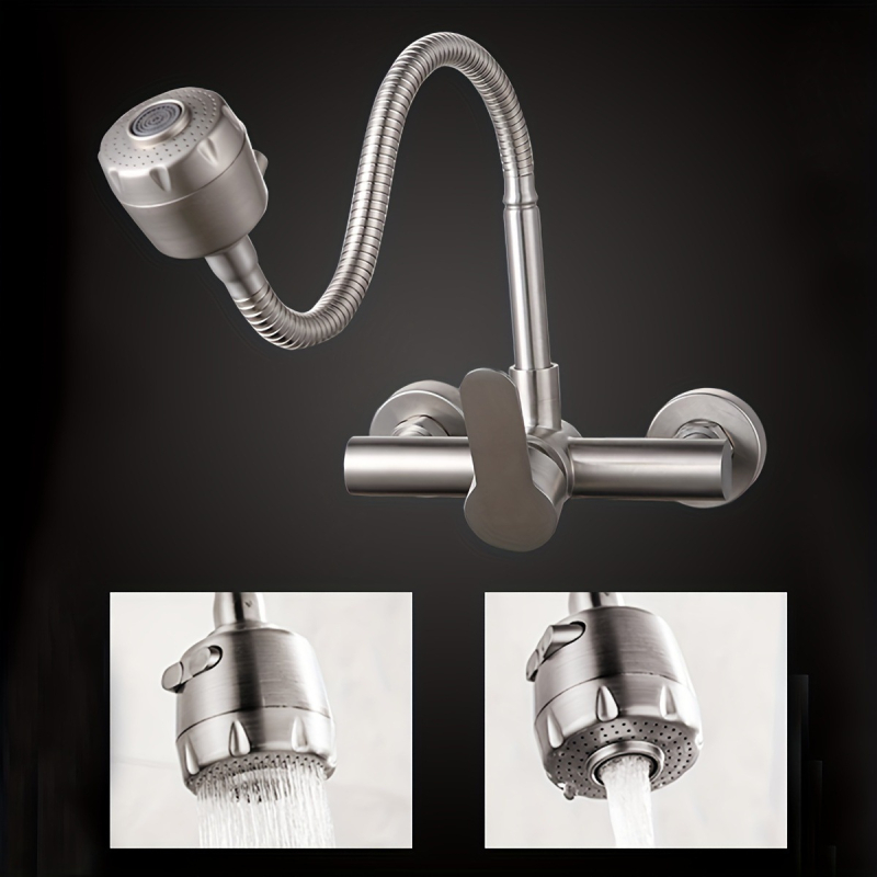 Seinai montuojamas nerūdijančio plieno virtuvinis maišytuvas su dviem rankenėlėmis, pasukamu snapu, keraminiu disko vožtuvu