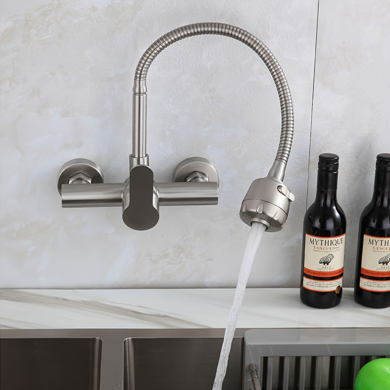 Seinai montuojamas nerūdijančio plieno virtuvinis maišytuvas su dviem rankenėlėmis, pasukamu snapu, keraminiu disko vožtuvu