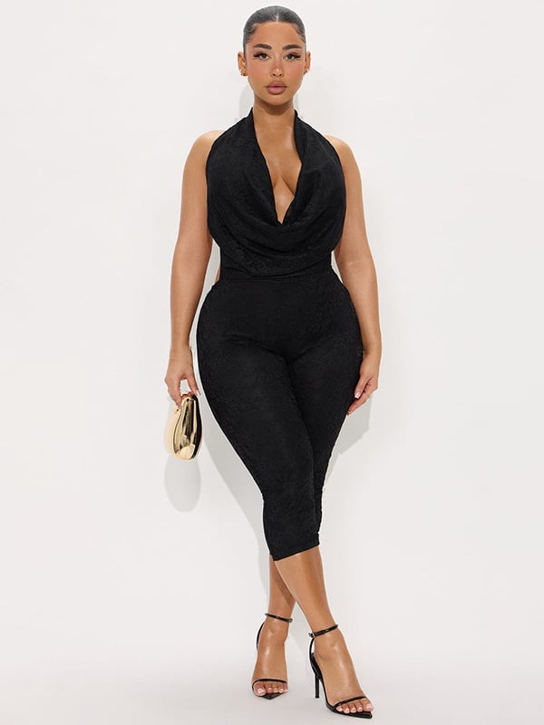 Salopetă fără mâneci cu decolteu rotund adânc, șiret pe spate și jacquard poliester